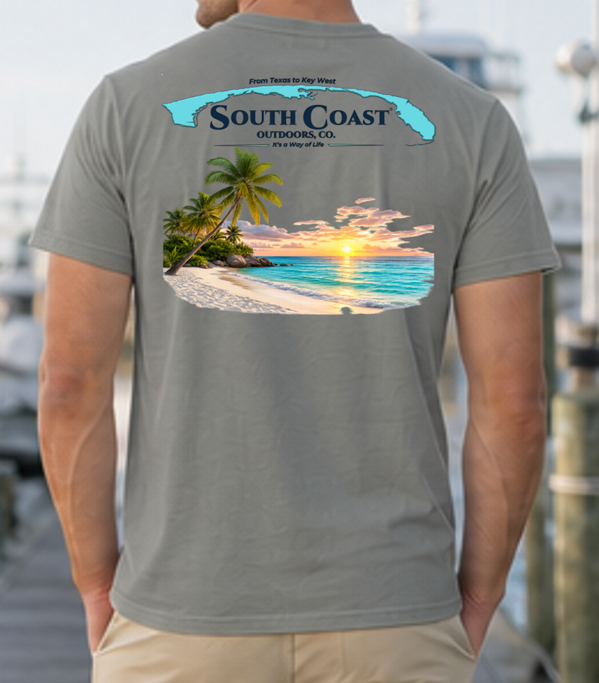 Men's gray graphic t-shirt with palm tree sunset beach print on back
