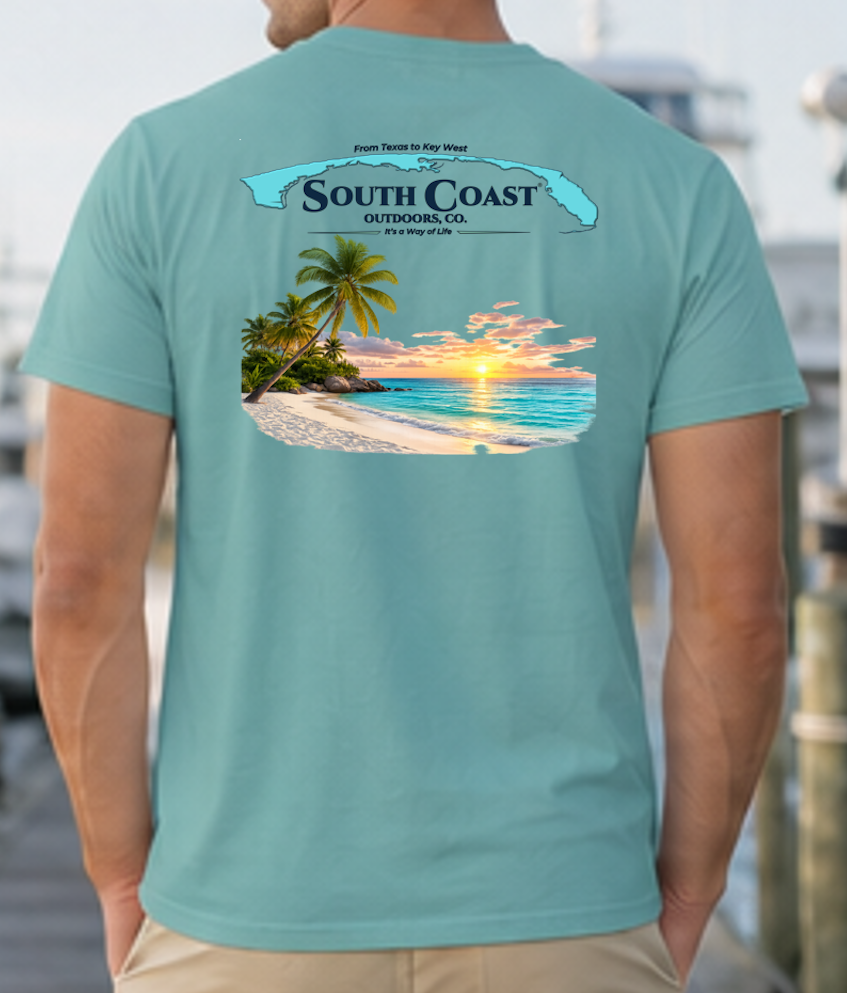 Men's teal T-shirt with South Coast sunset beach graphic on the back