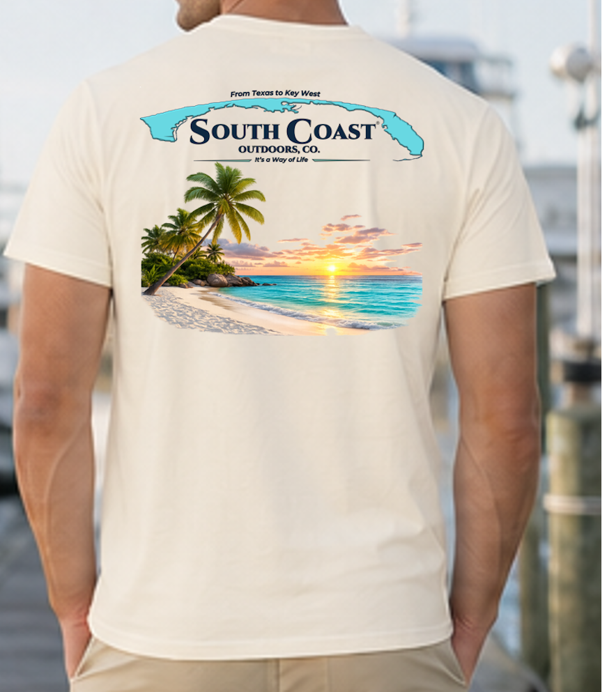 Men's ivory graphic t-shirt with palm tree sunset beach print on back