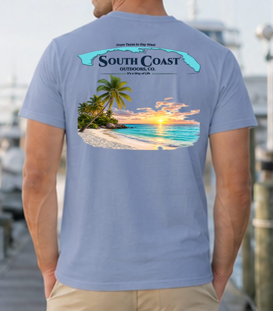 Men's periwinkle blue T-shirt with South Coast sunset beach graphic on the back