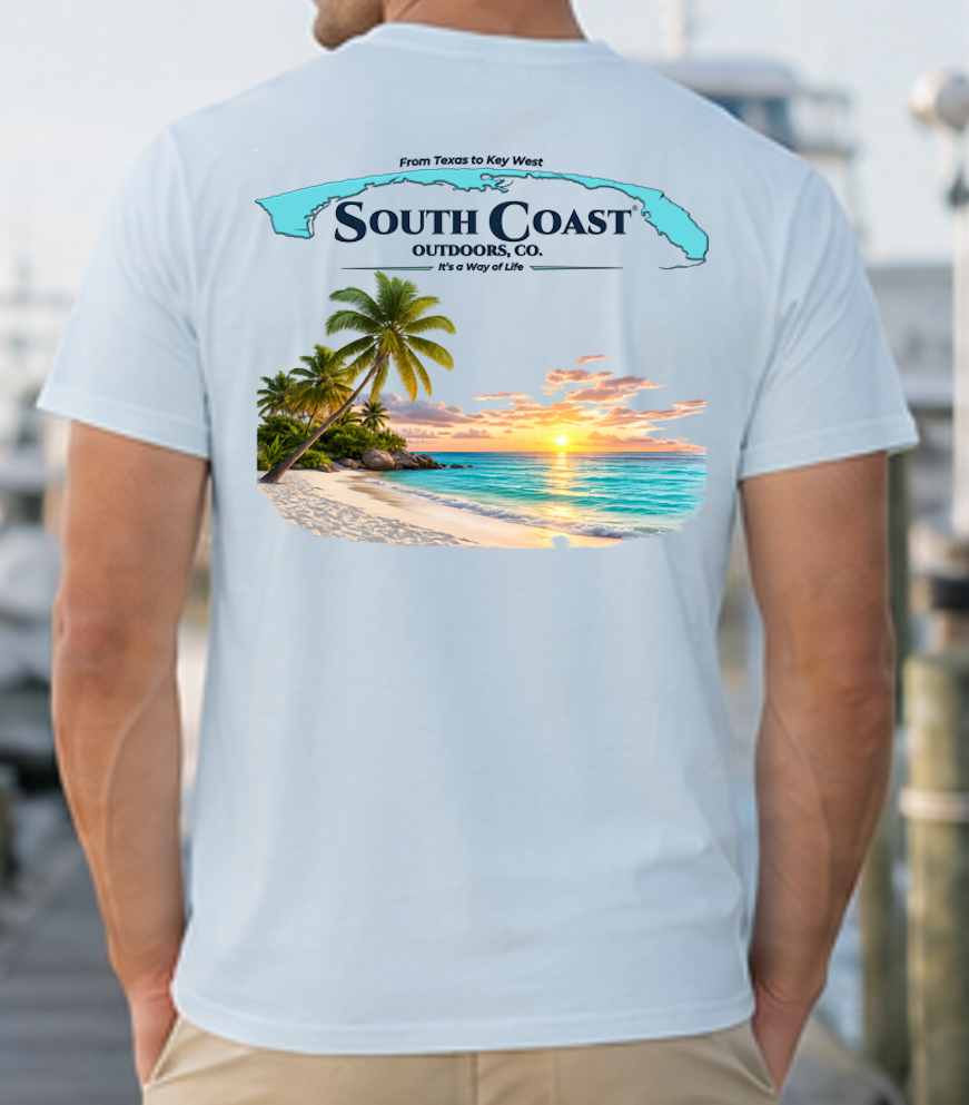 Men's white T-shirt with South Coast sunset beach graphic on the back