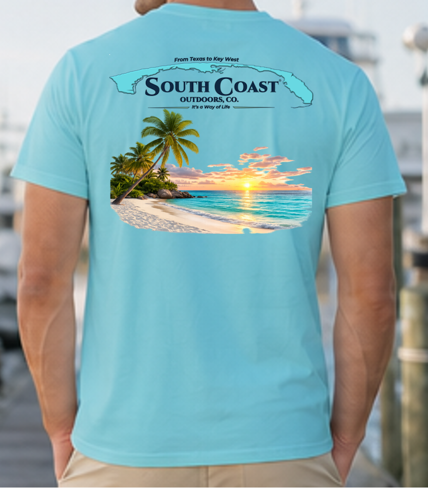 Men's aqua graphic t-shirt with palm tree sunset beach print on back