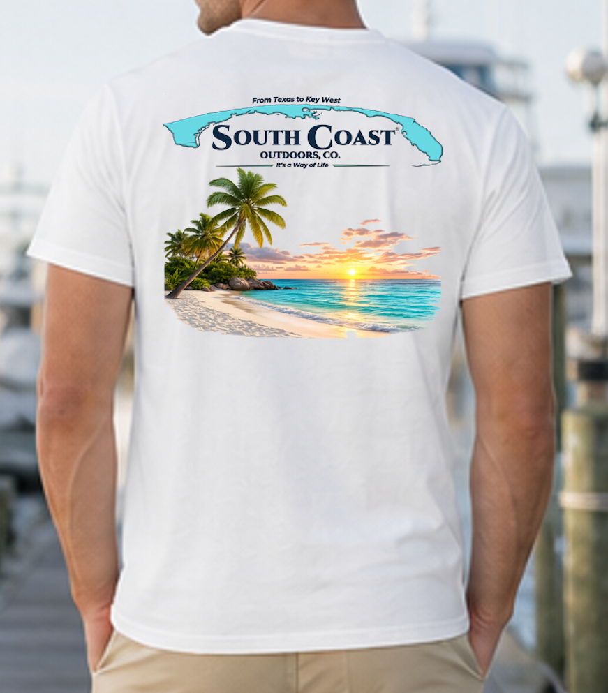 Men's white T-shirt with South Coast graphic on the back