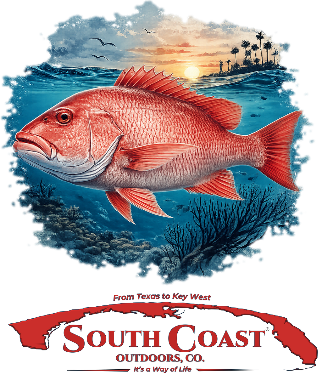 White T-shirt with red snapper sunset graphic and beach scene print