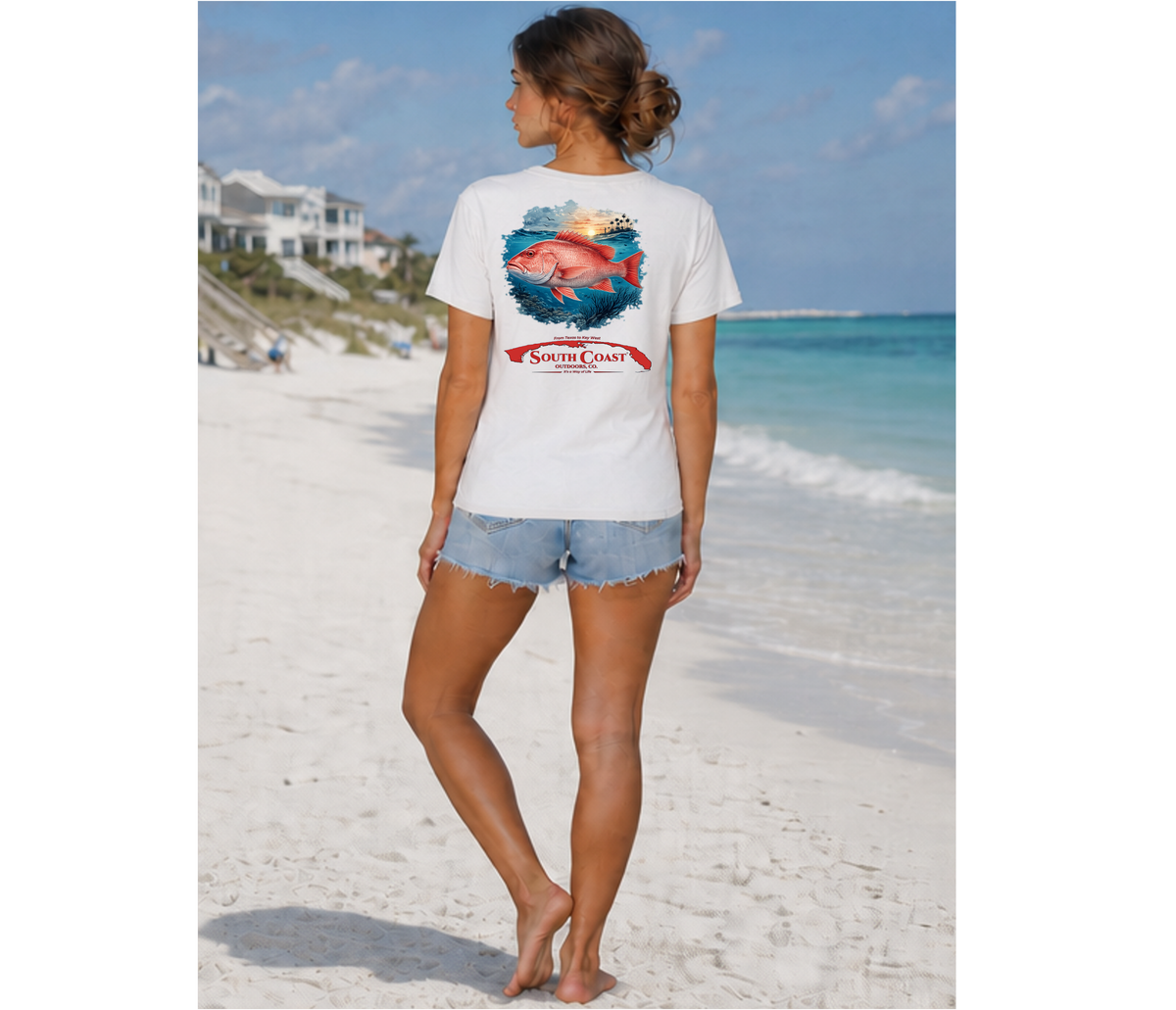 White T-shirt, back view on beach, red snapper sunset print with South Coast logo