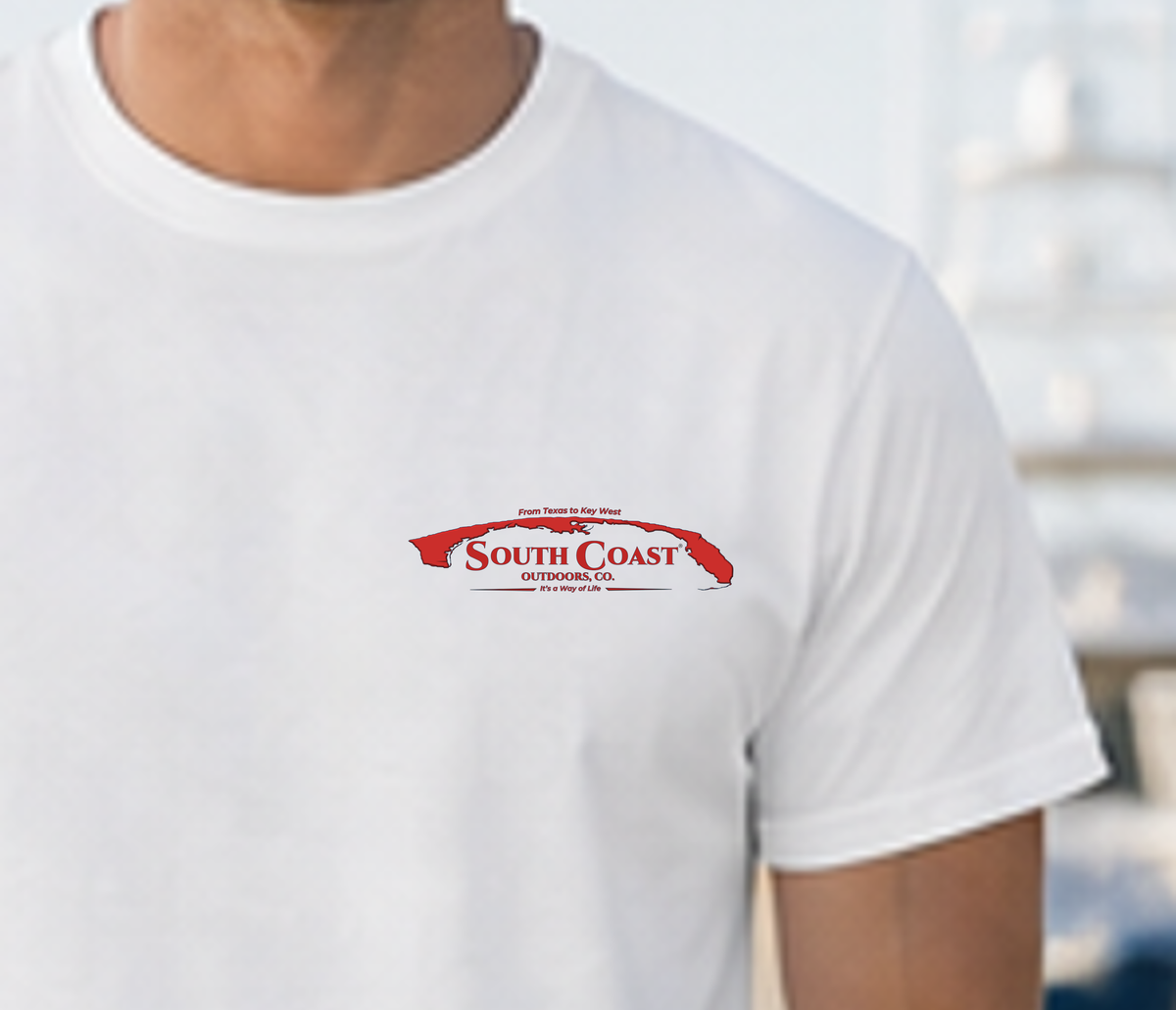 White T-shirt front with small South Coast Outdoors logo