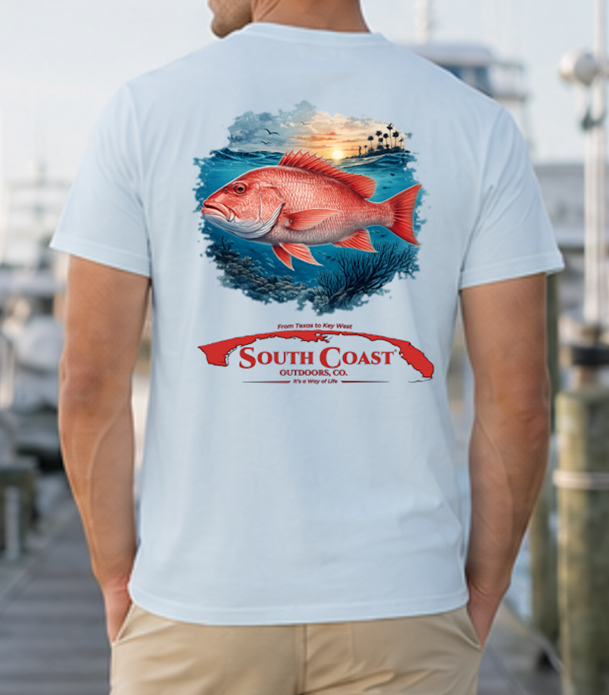 Light blue fishing T-shirt with back graphic of red snapper over ocean and red logo