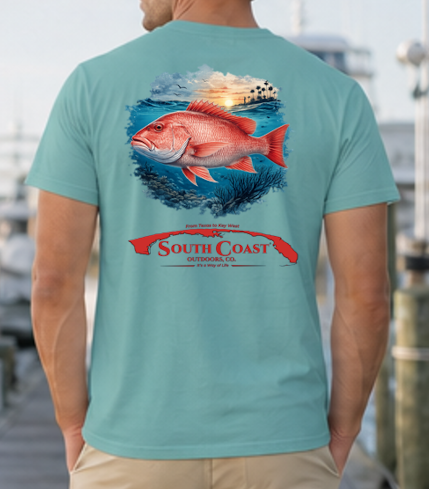 Seafoam green fishing T-shirt with back graphic of red snapper over ocean and red logo