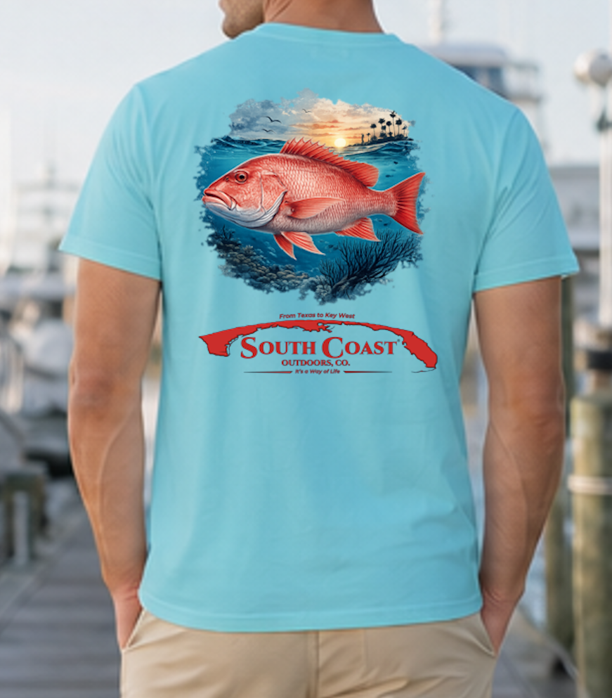 Light aqua saltwater fishing T-shirt with red snapper and sunset logo graphic on back