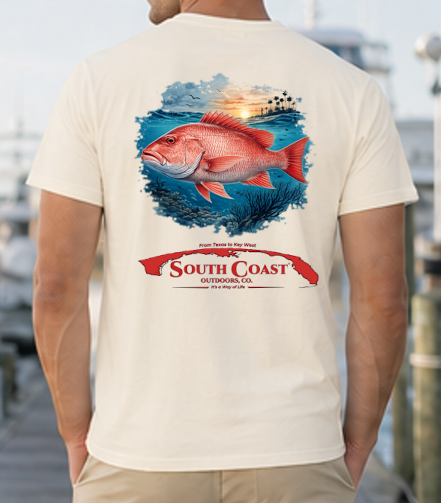 White fishing T-shirt with back graphic of red snapper over ocean and red logo