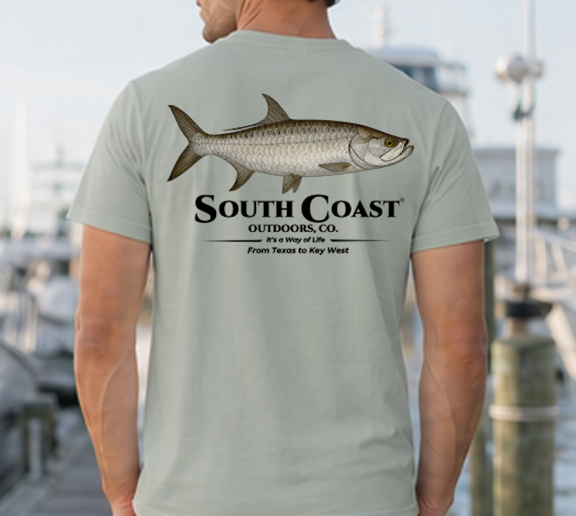 Light green fishing T-shirt with tarpon graphic and "South Coast" text on back