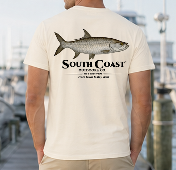 Ivory tan fishing T-shirt with tarpon graphic and "South Coast" text on back