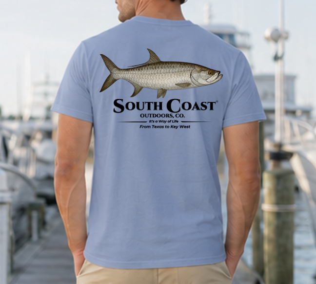 Powder blue fishing T-shirt with tarpon graphic and "South Coast" text on back