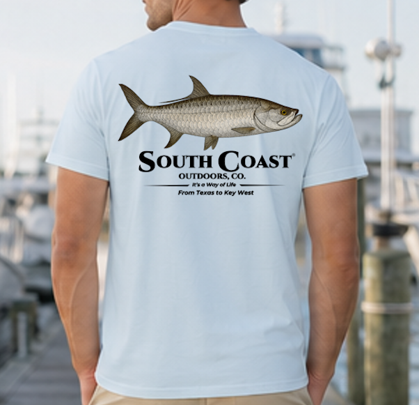 Light blue fishing T-shirt with tarpon graphic and "South Coast" text on back