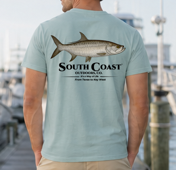 Light teal fishing T-shirt with tarpon graphic and "South Coast" text on back