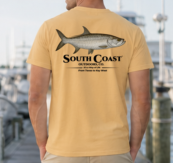 Gold fishing T-shirt with tarpon graphic and "South Coast" text on back