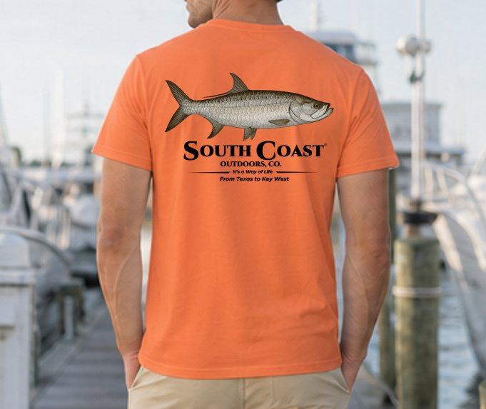 Burnt orange fishing T-shirt with tarpon graphic and "South Coast" text on back