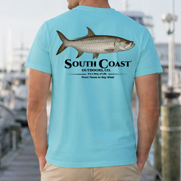 Turquoise fishing T-shirt with tarpon graphic and "South Coast" text on back