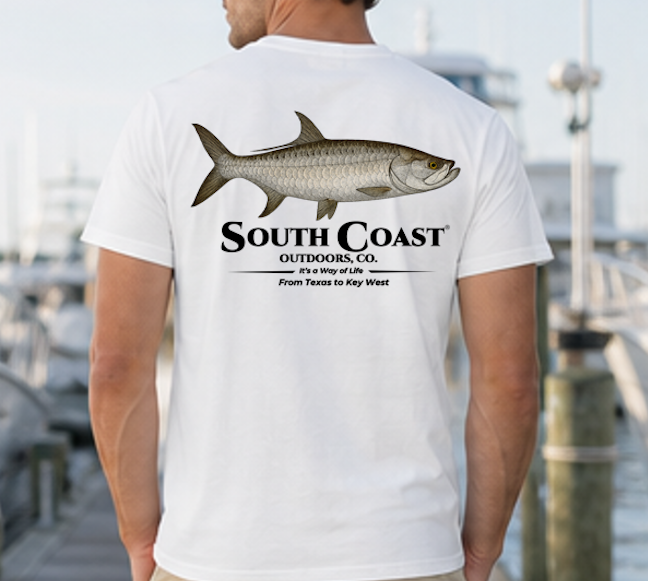 White fishing T-shirt with tarpon graphic and "South Coast" text on back