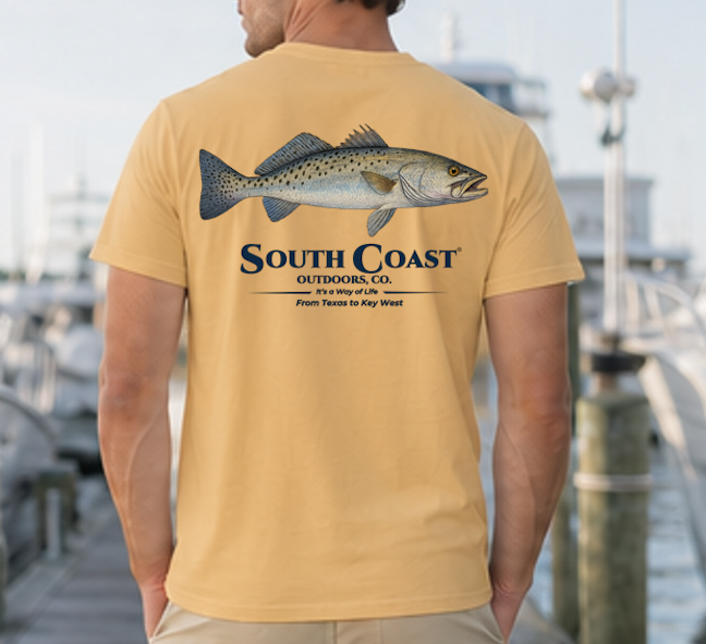 Mustard speckled trout fishing T-shirt, back fish graphic with South Coast Outdoors logo.