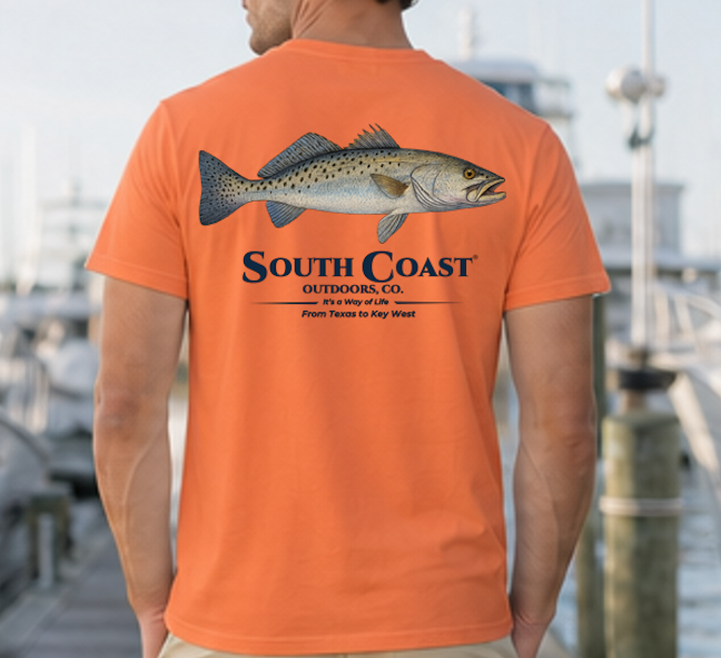 Burnt orange speckled trout fishing T-shirt, back fish graphic with South Coast Outdoors logo.