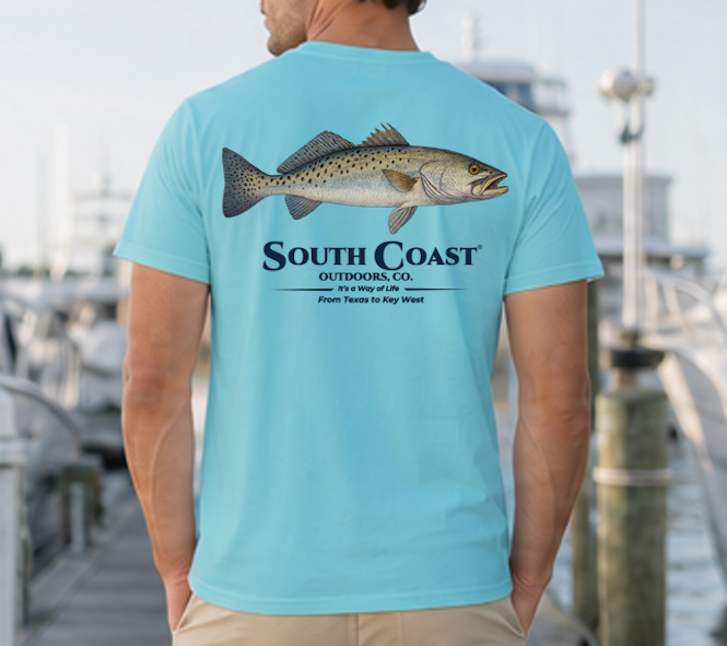 Light turquoise fishing T-shirt with speckled trout graphic on back