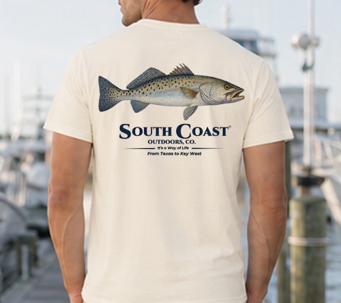 Ivory speckled trout fishing T-shirt, back fish graphic with South Coast Outdoors logo.