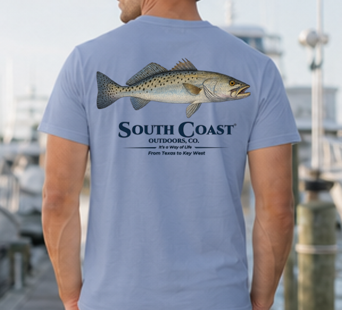 Periwinkle speckled trout fishing T-shirt, back fish graphic with South Coast Outdoors logo.