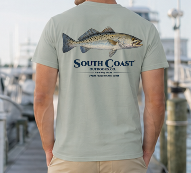 Seafoam green fishing T-shirt with speckled trout graphic on back