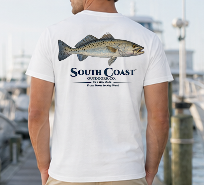 White speckled trout fishing T-shirt, back fish graphic with South Coast Outdoors logo.