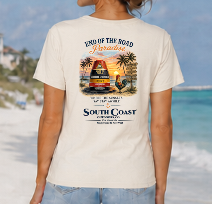 White graphic T-shirt with Southernmost Point 'End of the Road Paradise' back print