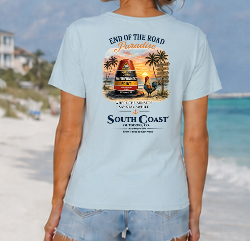 Light blue graphic T-shirt with Southernmost Point back print and South Coast logo