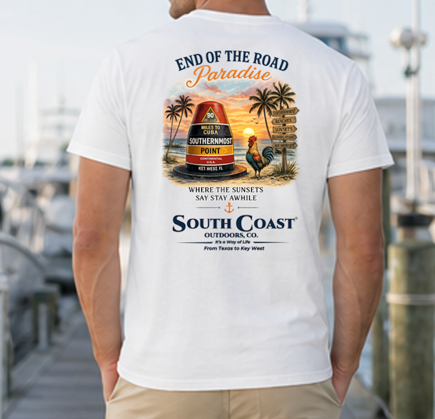 White graphic T-shirt with Southernmost Point back print and South Coast logo