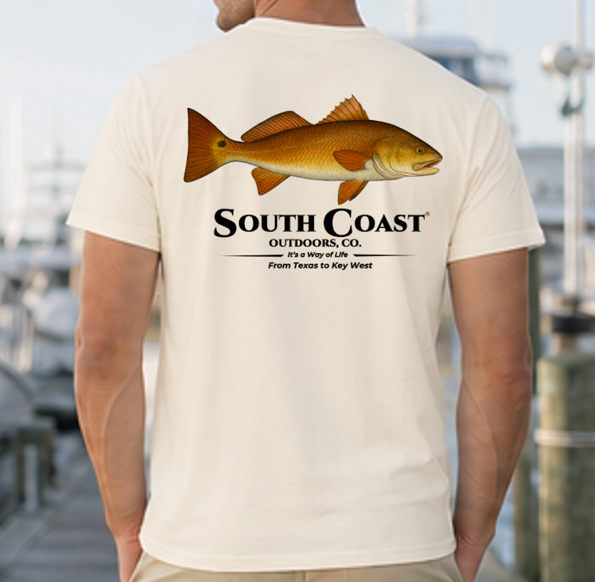 Men's ivory fishing graphic T-shirt with orange fish and South Coast logo on back