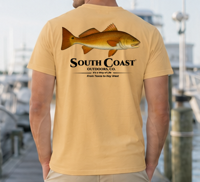 Men's ivory tan fishing graphic T-shirt with orange fish and South Coast logo on back