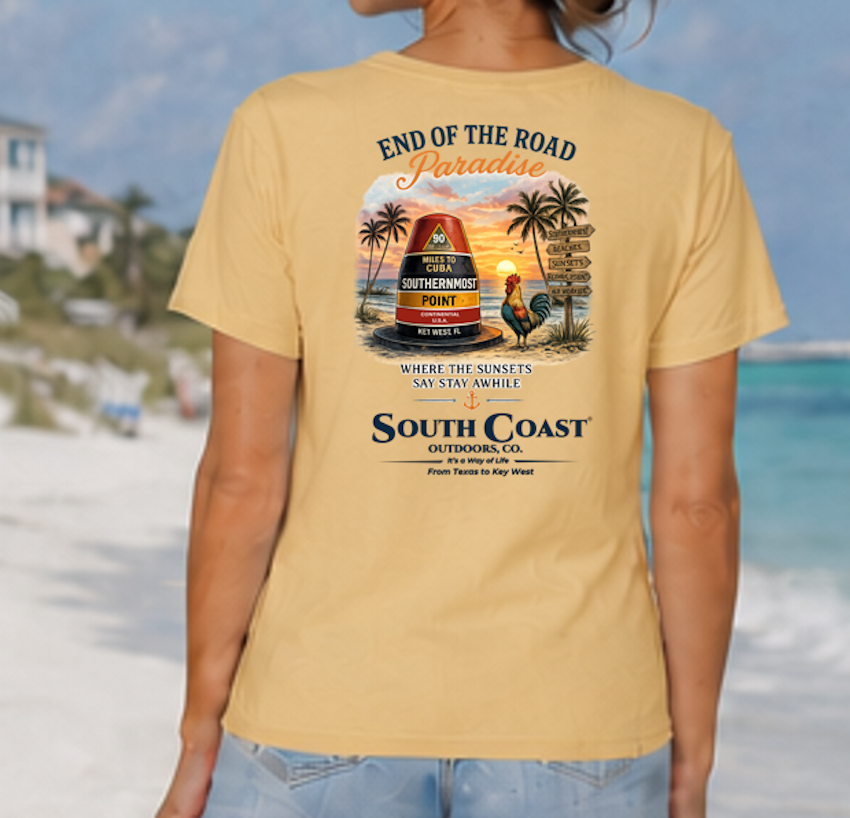 Beige graphic T-shirt with Southernmost Point 'End of the Road Paradise' back print