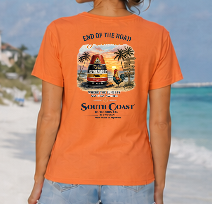 Orange graphic T-shirt with Southernmost Point 'End of the Road Paradise' back print