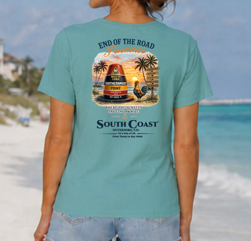 Teal graphic T-shirt with Southernmost Point 'End of the Road Paradise' back print