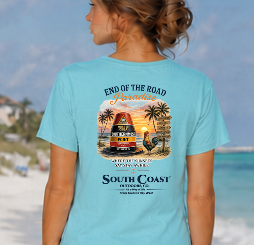 Light aqua graphic T-shirt with Southernmost Point back print and South Coast logo