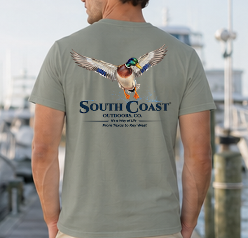 Men's olive green back graphic T-shirt with flying mallard and South Coast Outdoors Co. logo