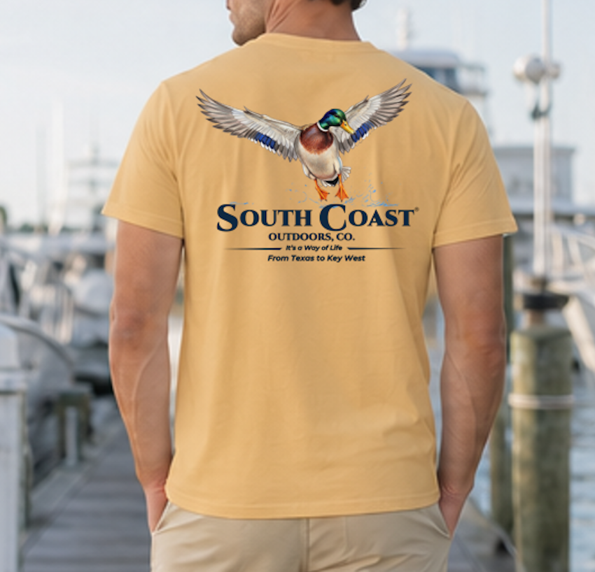 Men's tan back graphic T-shirt with flying mallard and South Coast Outdoors Co. logo