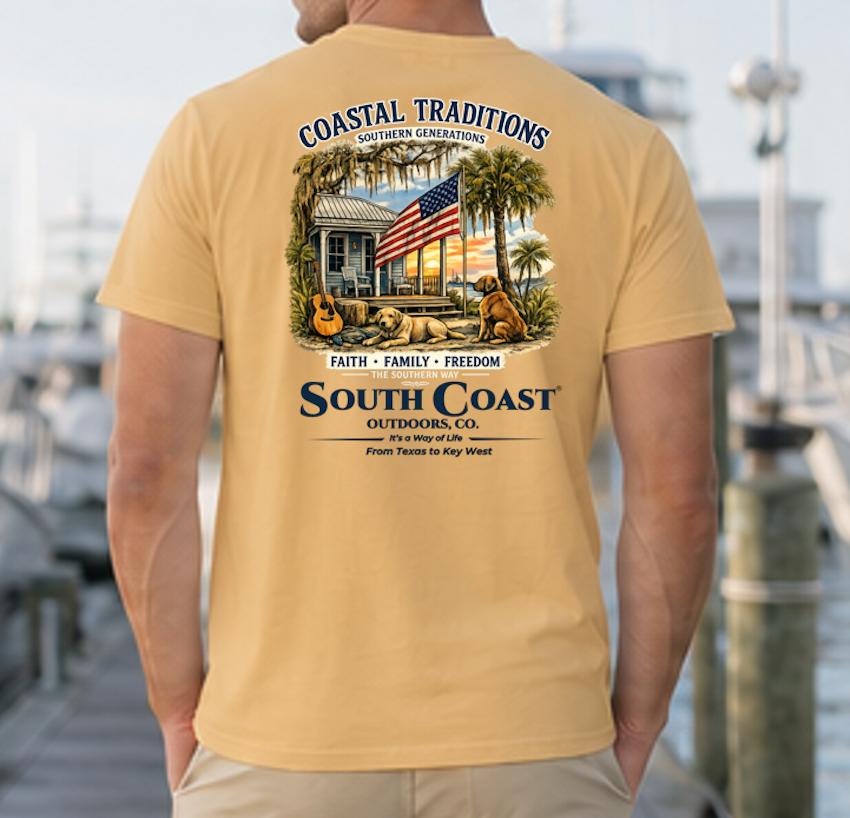 Tan crewneck T-shirt with back graphic showing coastal house, palms, and American flag