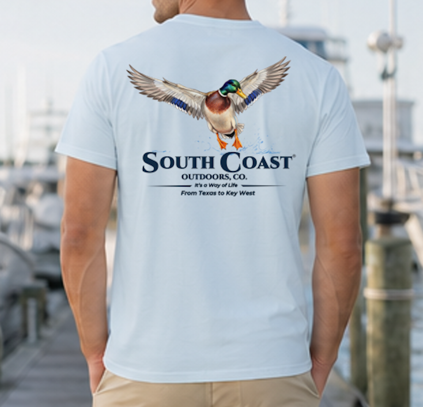 Men's white back graphic T-shirt with flying mallard and South Coast Outdoors Co. logo