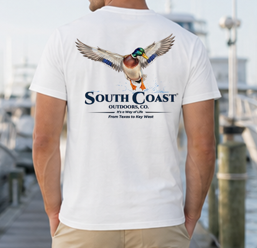 Men's white back graphic T-shirt with centered flying mallard graphic and South Coast logo