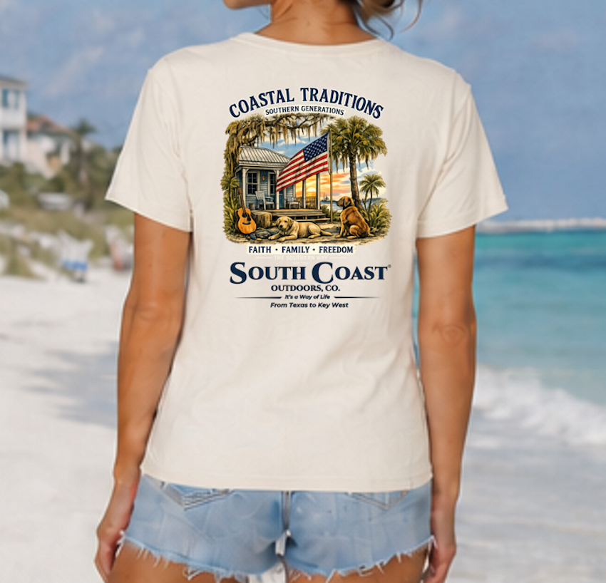 White crewneck T-shirt with large back graphic featuring palm house and American flag