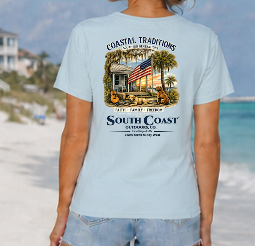 Light blue crewneck T-shirt with back graphic and “South Coast” coastal lettering
