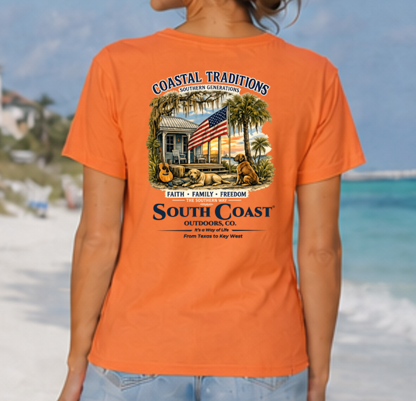 Orange crewneck T-shirt with large back graphic and coastal house flag print