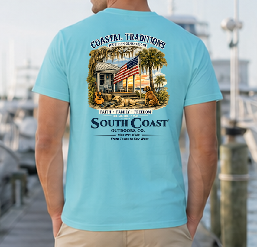 Light blue crewneck T-shirt with back graphic and “South Coast” coastal lettering