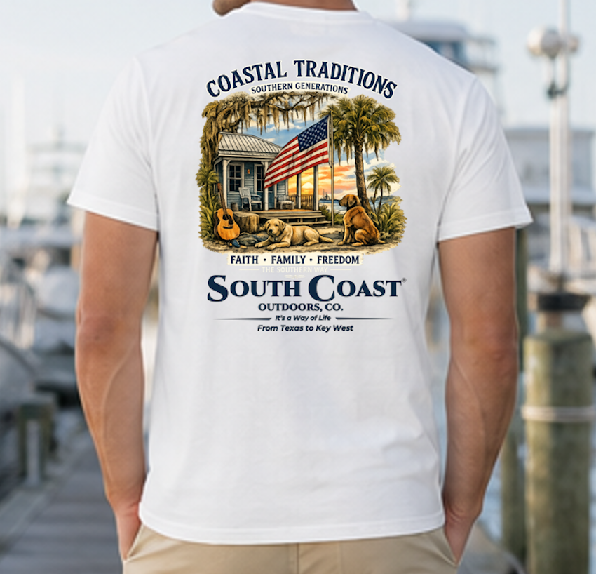 White crewneck T-shirt with back print reading “South Coast” and coastal scene