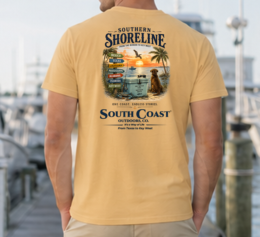 Tan T-shirt with back graphic print and "Southern Shoreline" logo.